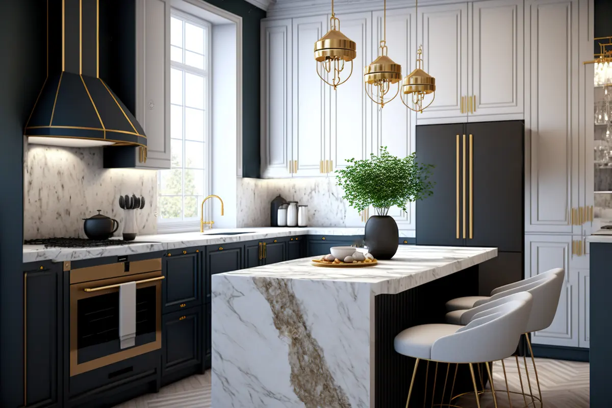 Luxury kitchen with navy cabinetry, brass hardware and a white marble waterfall island