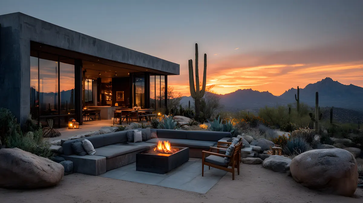 Outdoor lounge with a stone fire pit and sectional seating overlooking the Arizona desert at sunset
